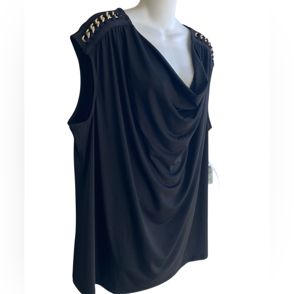 Carmen Carmen Marc Valvo Woman Black Cowl Neck Sleeveless Top Hardware 2X NWT - Picture 2 of 3